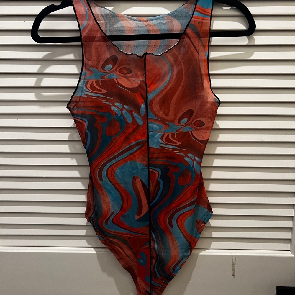Turquoise and Orange See-through Swirl Pattern Bodysuit - Picture 9 of 11